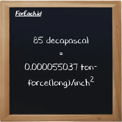 85 decapascal is equivalent to 0.000055037 ton-force(long)/inch<sup>2</sup> (85 daPa is equivalent to 0.000055037 LT f/in<sup>2</sup>)